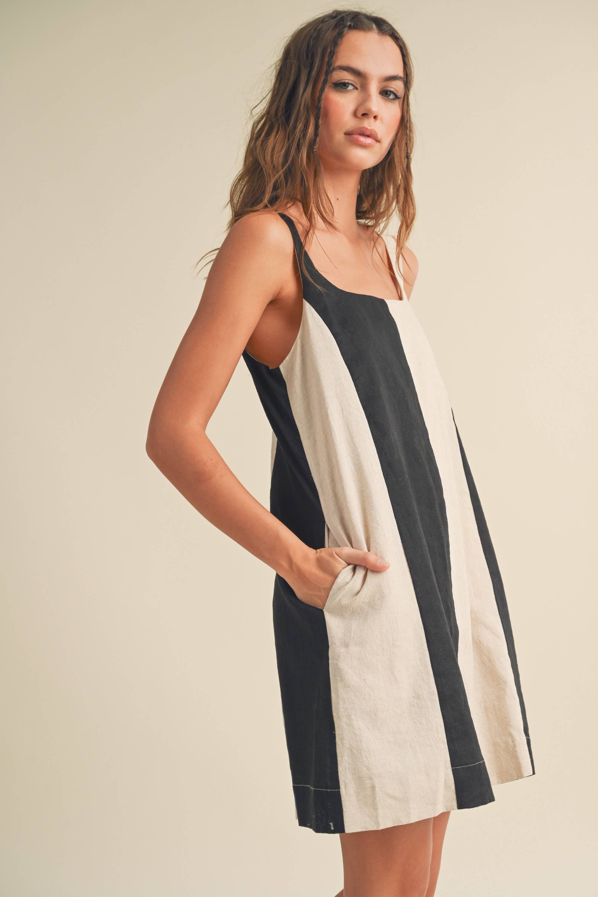 Color Block Linen Midi Dress
