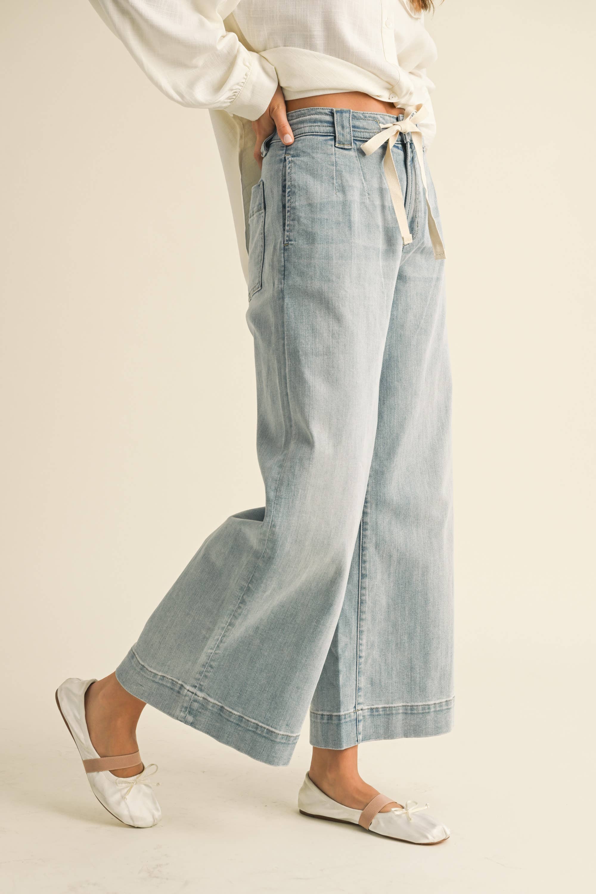 Washed Denim Tie Front Pants