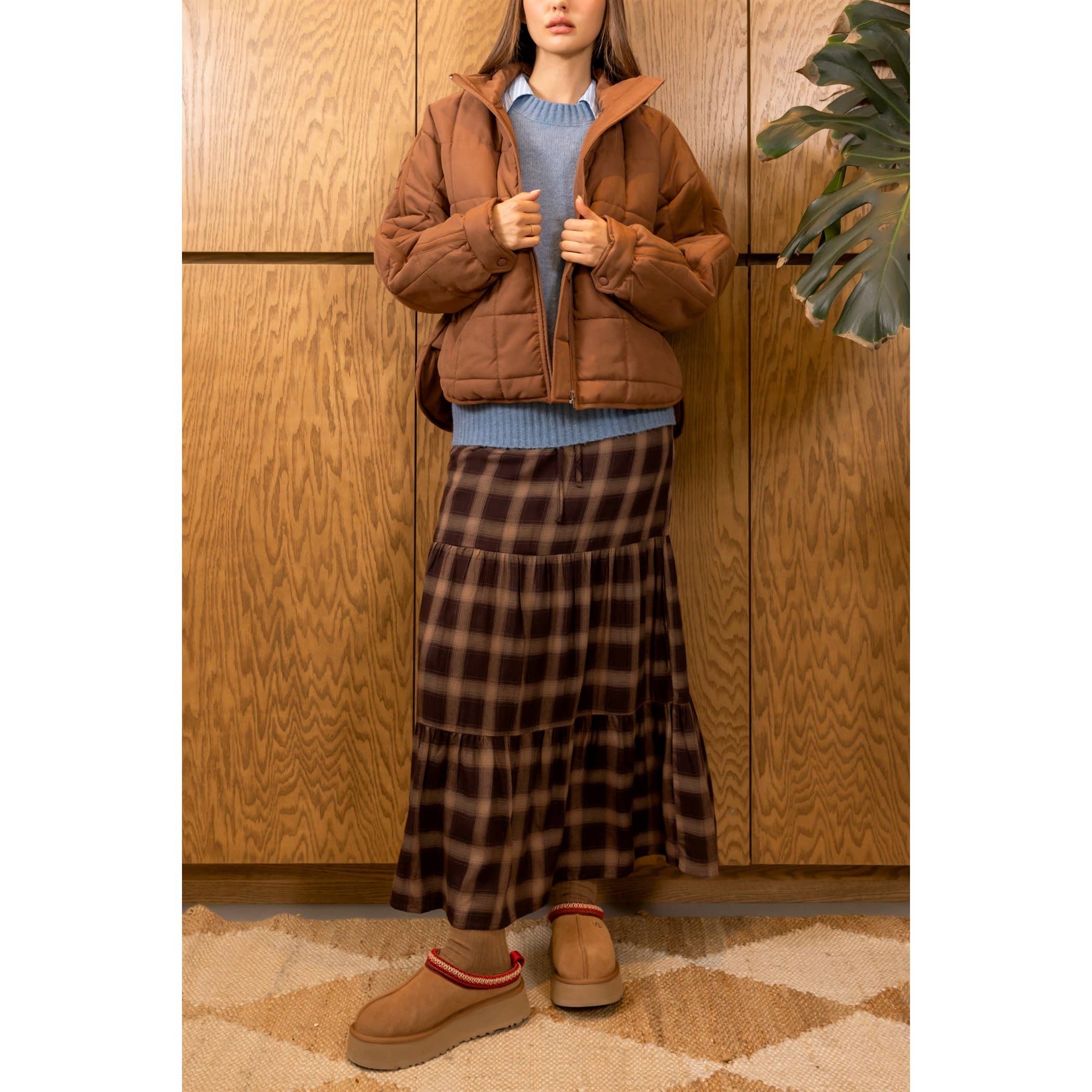 Checkered Tiered Maxi Skirt With Drawstring
