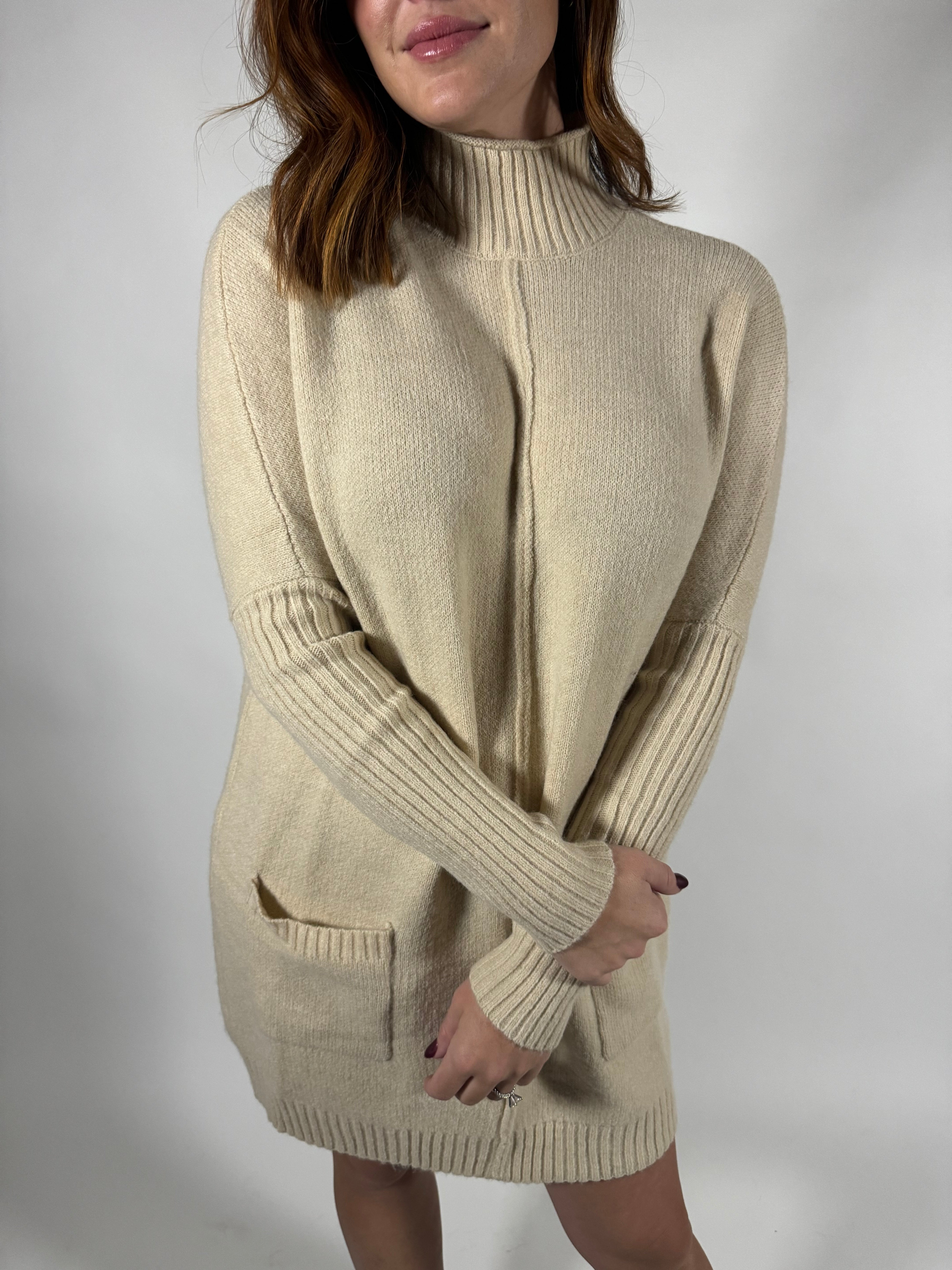 Mock Neck Front Seam Sweater Dress