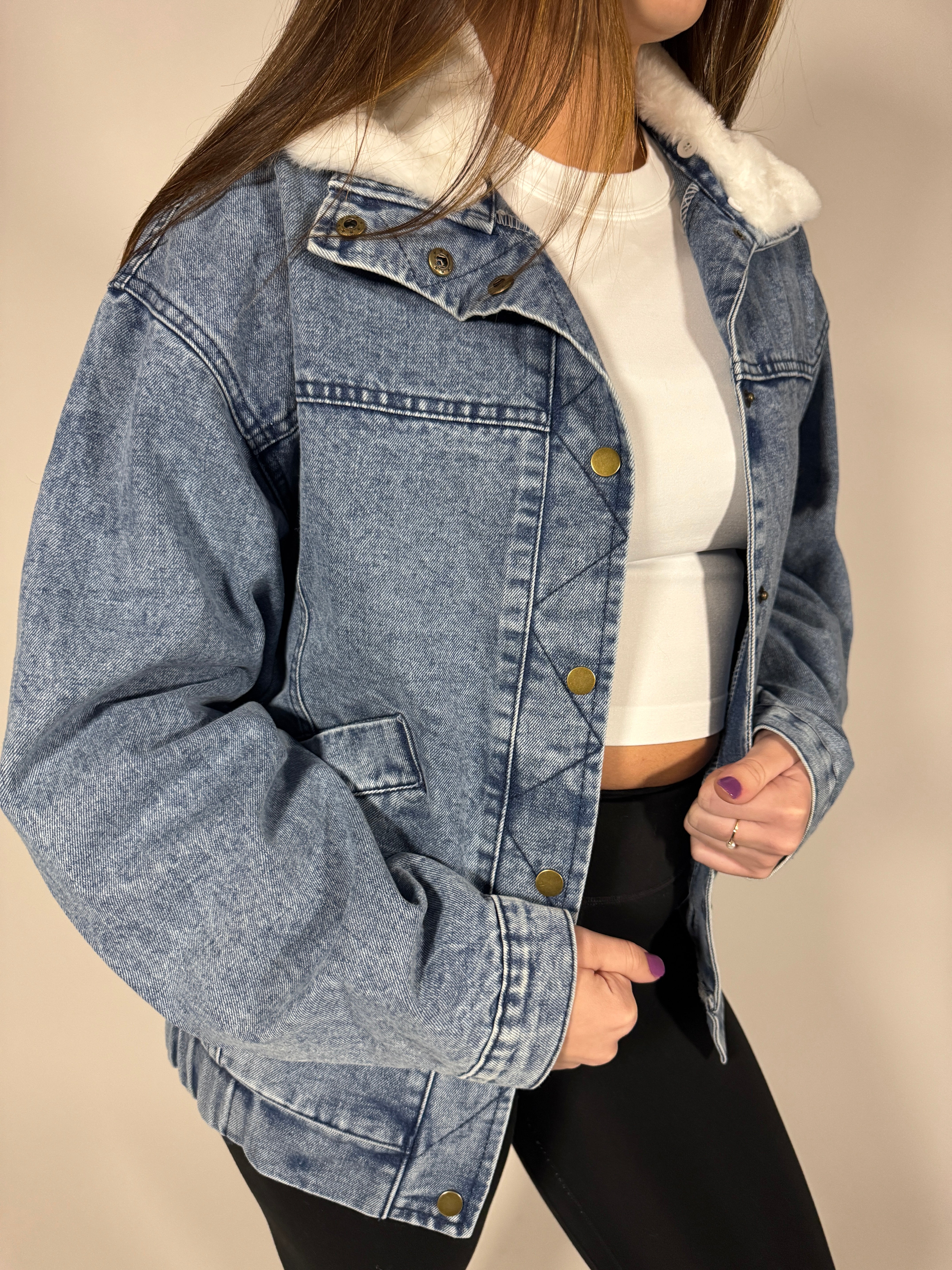 Oversized Lapel Faux Fur Lined Denim Jacket