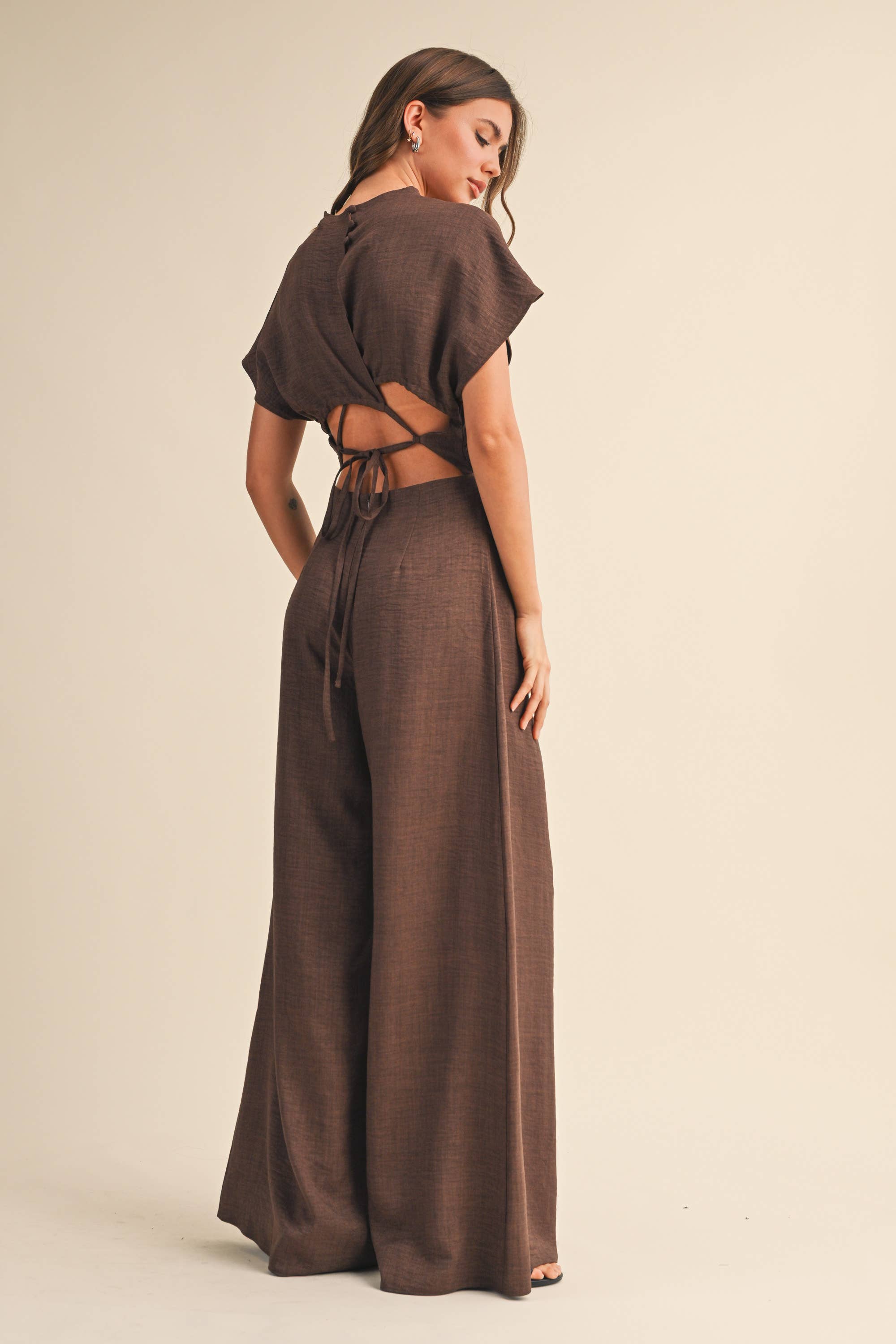 SHORT SLEEVE RUCHED WIDE LEG JUMPSUIT