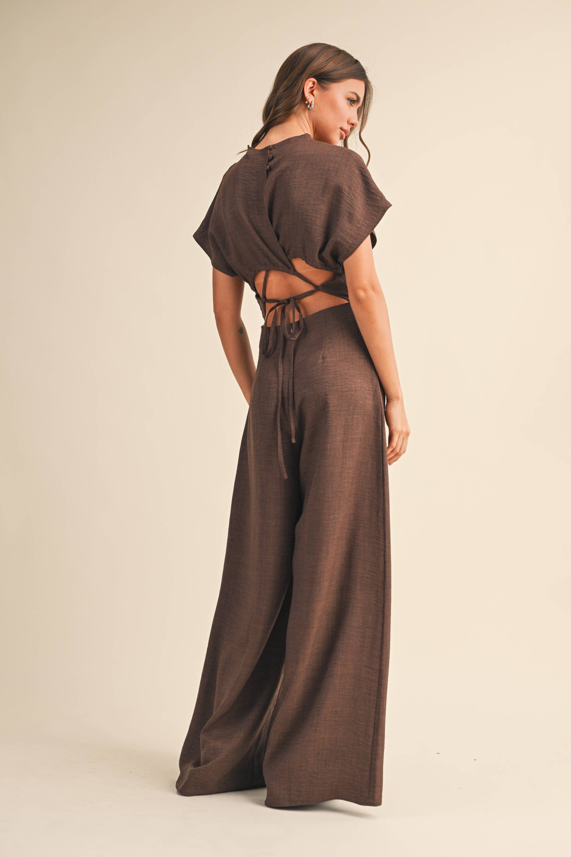 SHORT SLEEVE RUCHED WIDE LEG JUMPSUIT