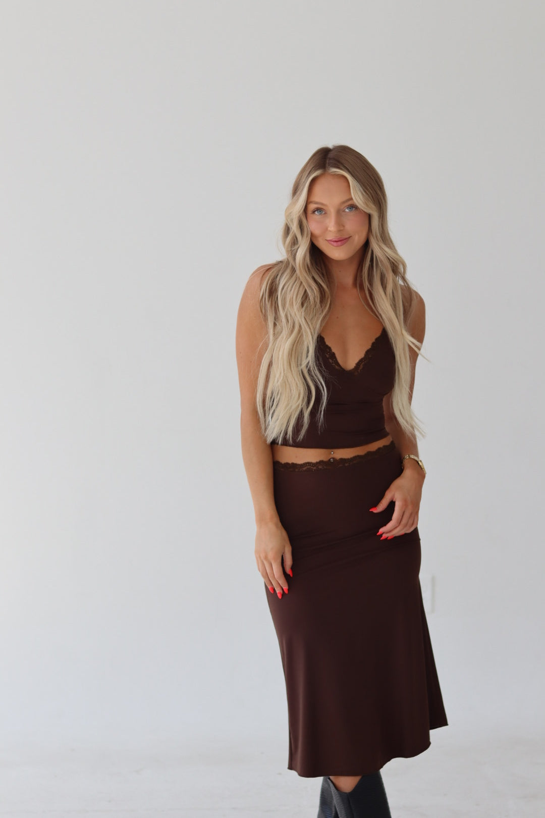 Lace Trim Midi Skirt Set