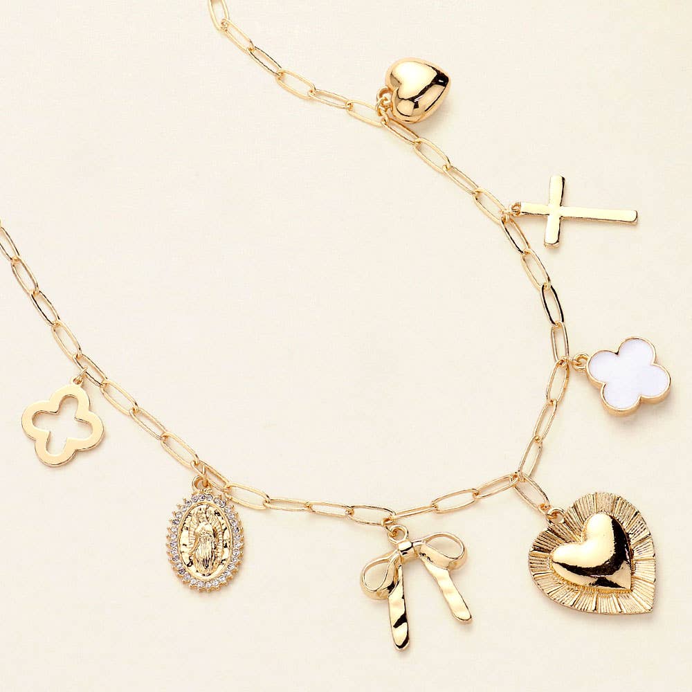 Quatrefoil Heart Bow Cross Charm Station Necklace