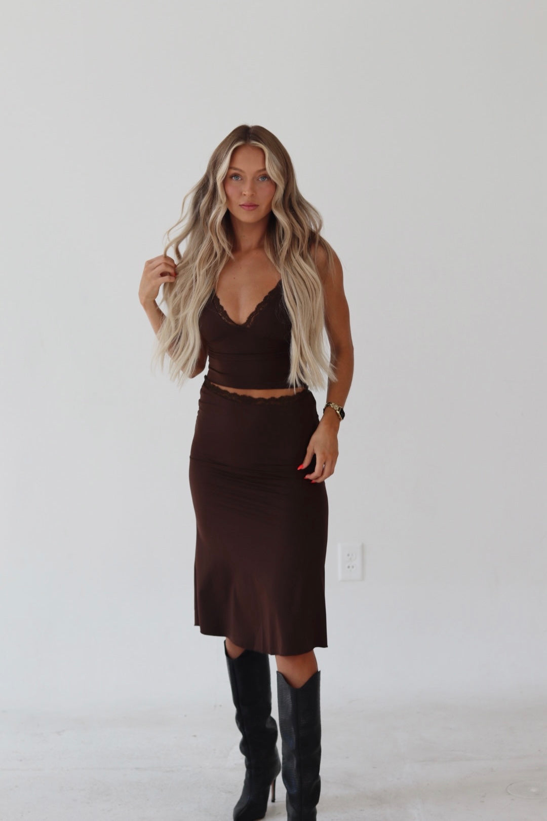 Lace Trim Midi Skirt Set