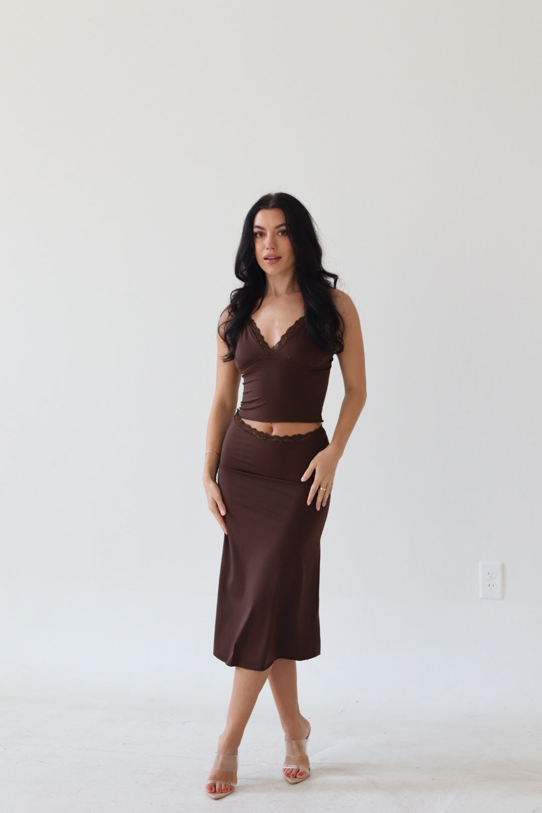 Lace Trim Midi Skirt Set