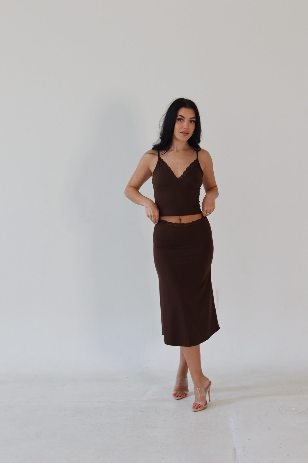Lace Trim Midi Skirt Set