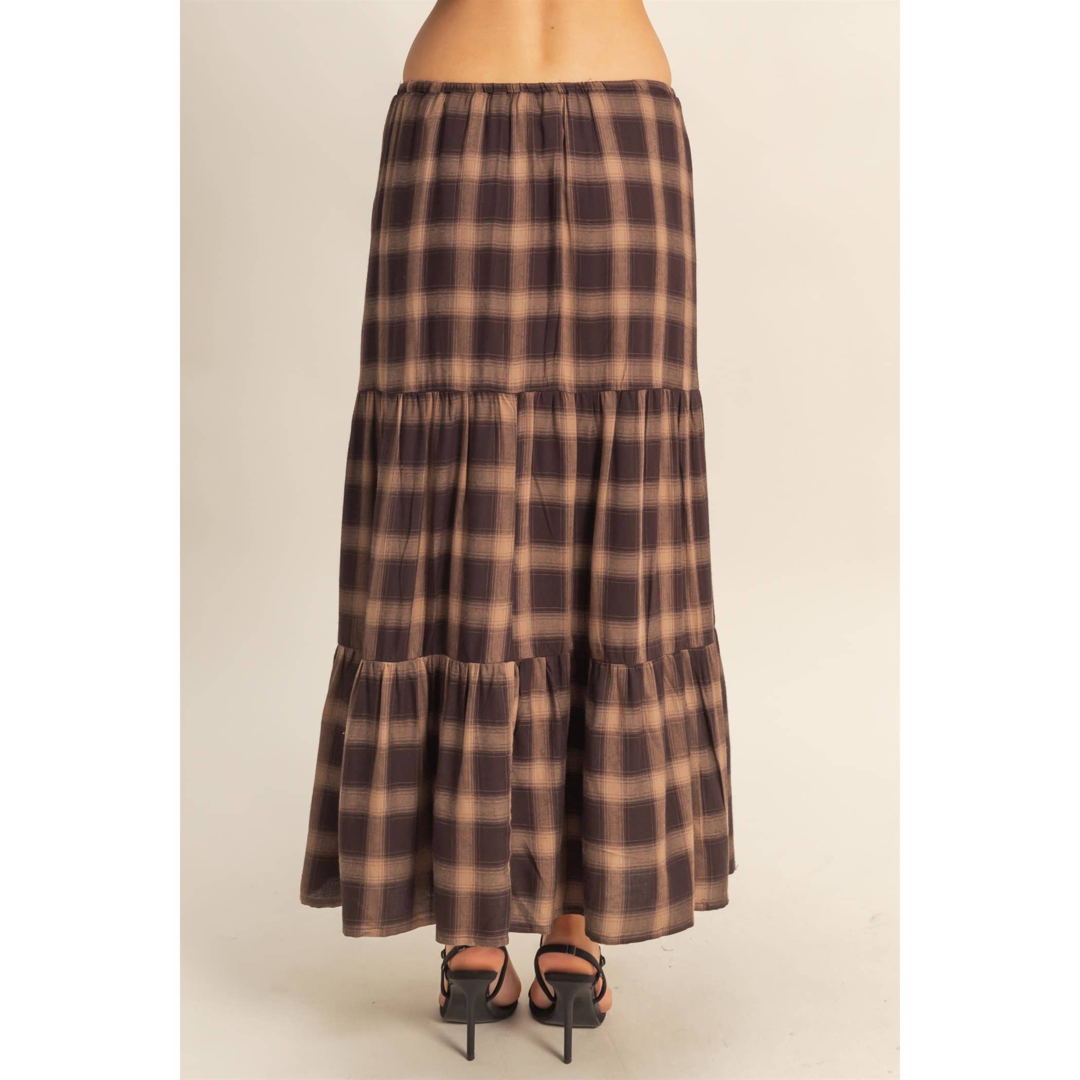 Checkered Tiered Maxi Skirt With Drawstring