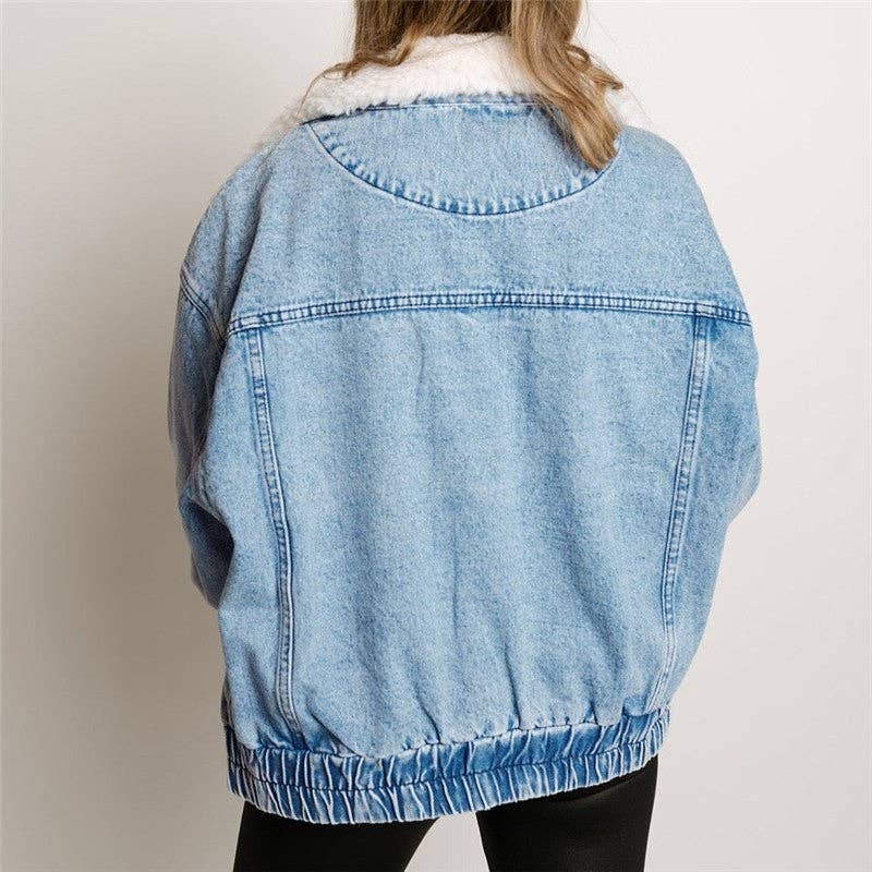 Oversized Lapel Faux Fur Lined Denim Jacket
