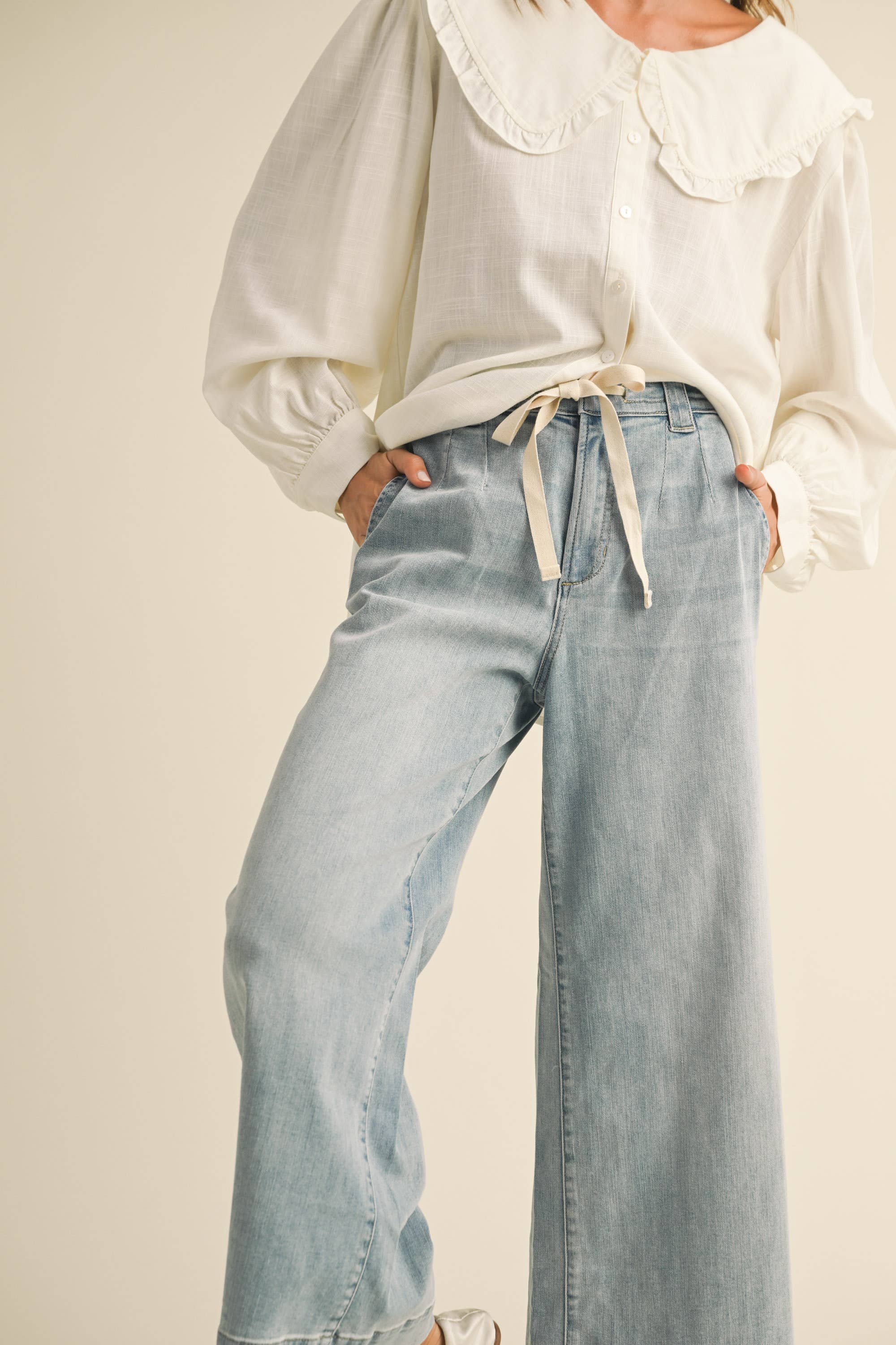 Washed Denim Tie Front Pants