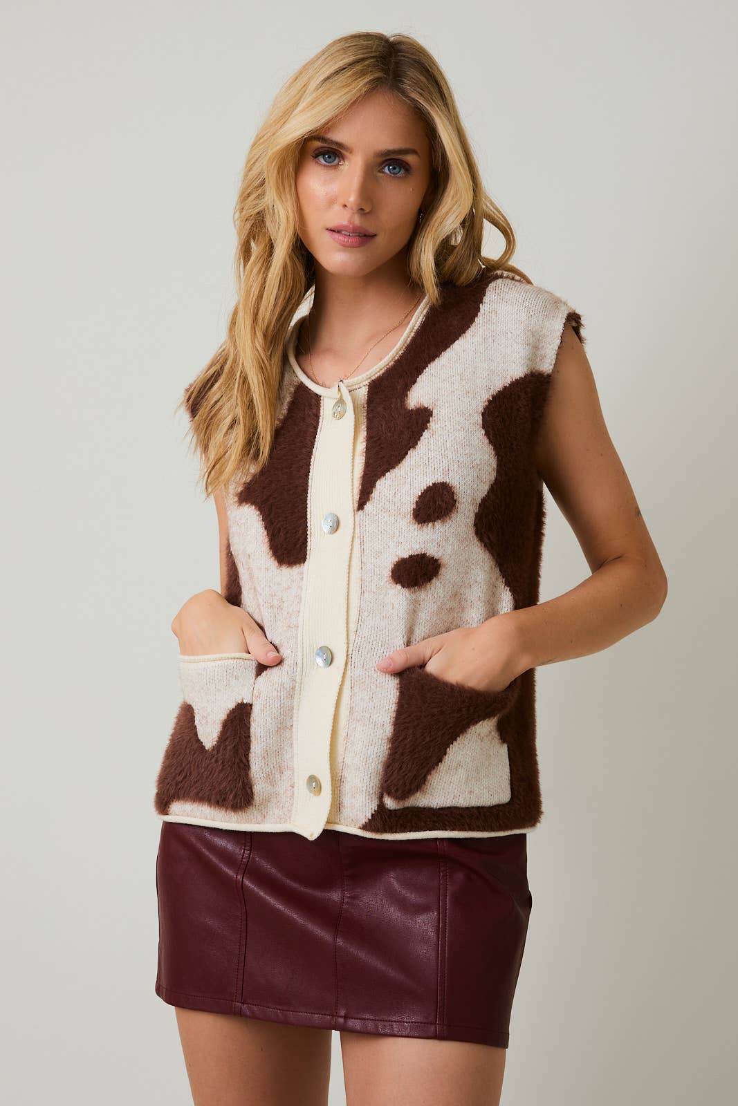 SLEEVELESS COW PRINT SWEATER VEST CARDIGAN