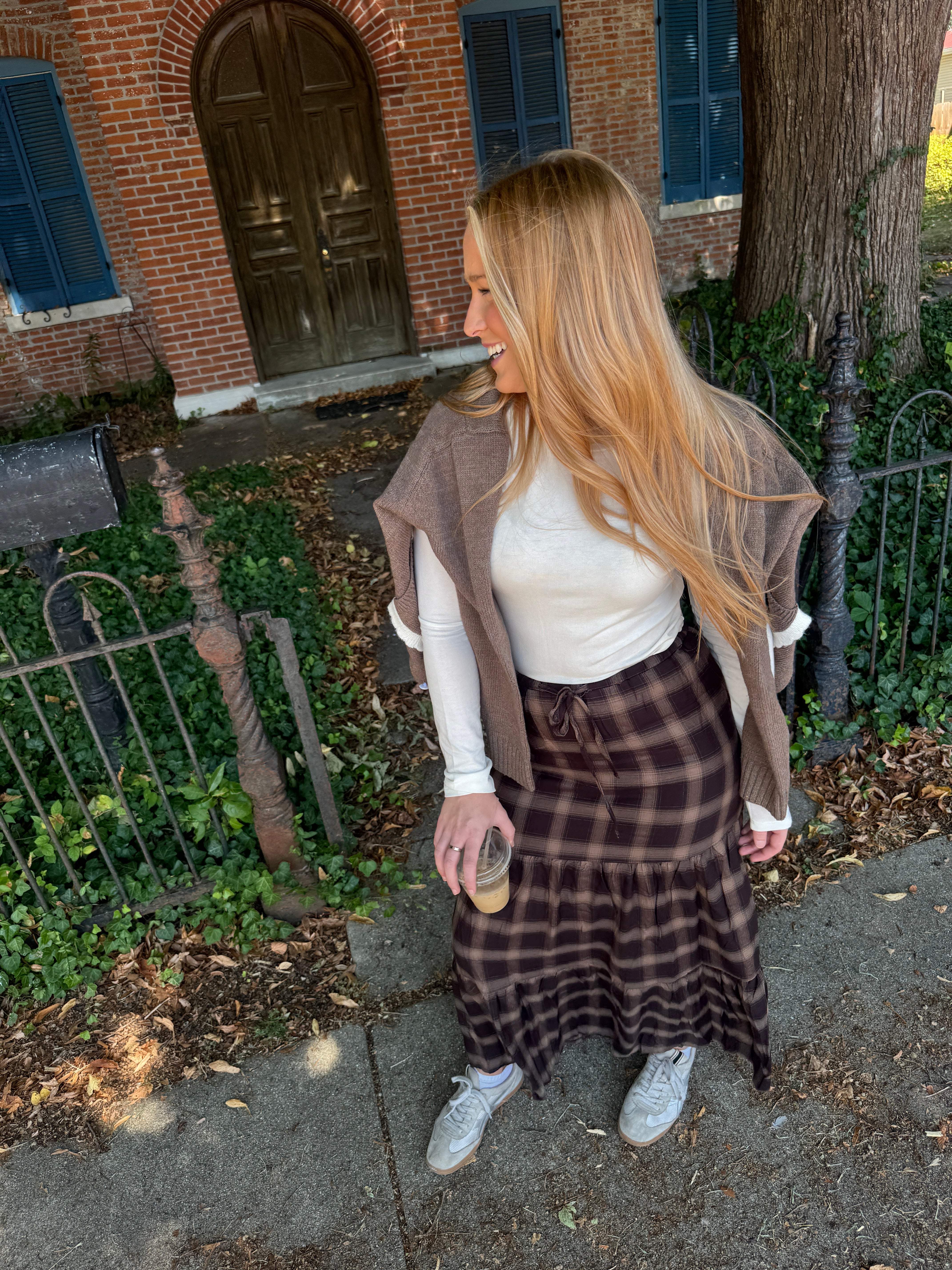 Checkered Tiered Maxi Skirt With Drawstring