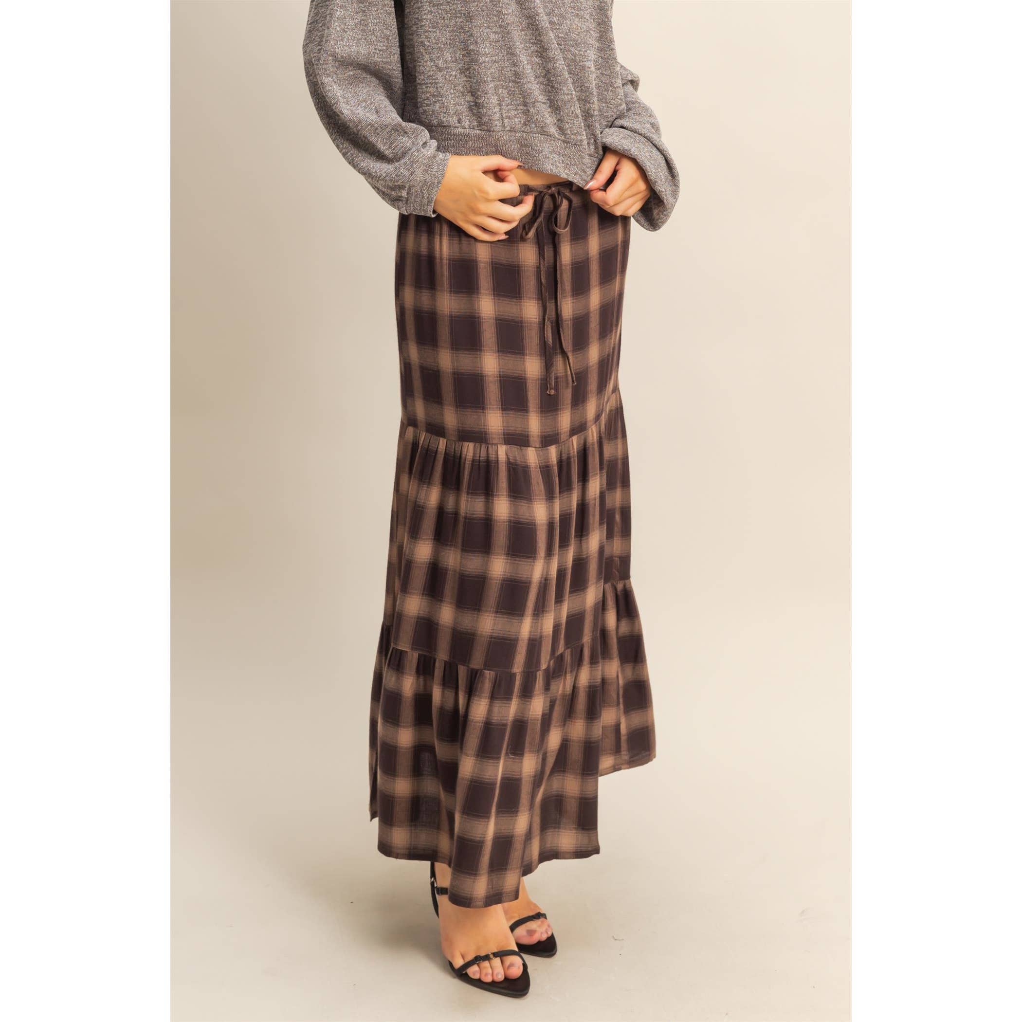 Checkered Tiered Maxi Skirt With Drawstring