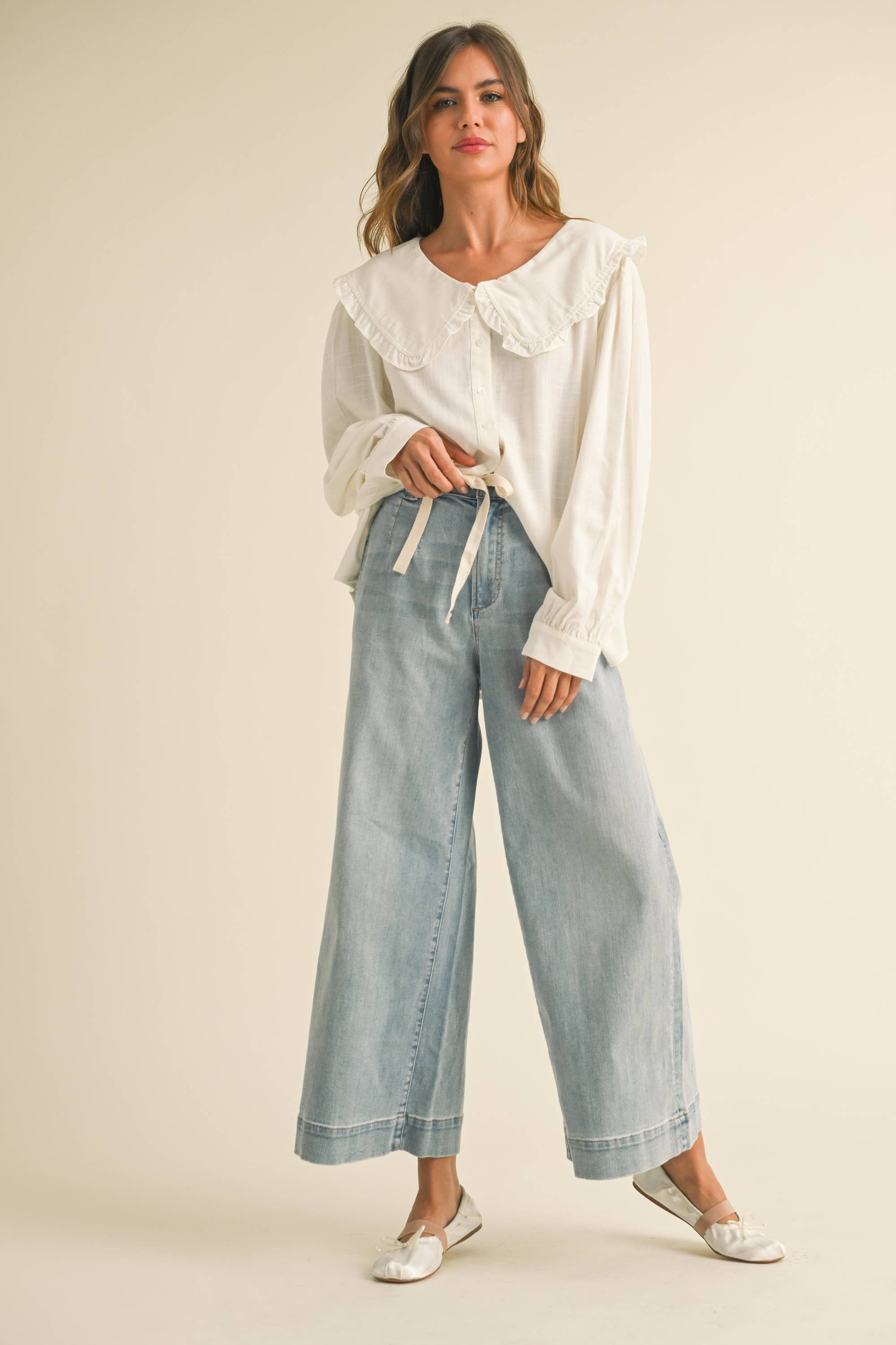 Washed Denim Tie Front Pants