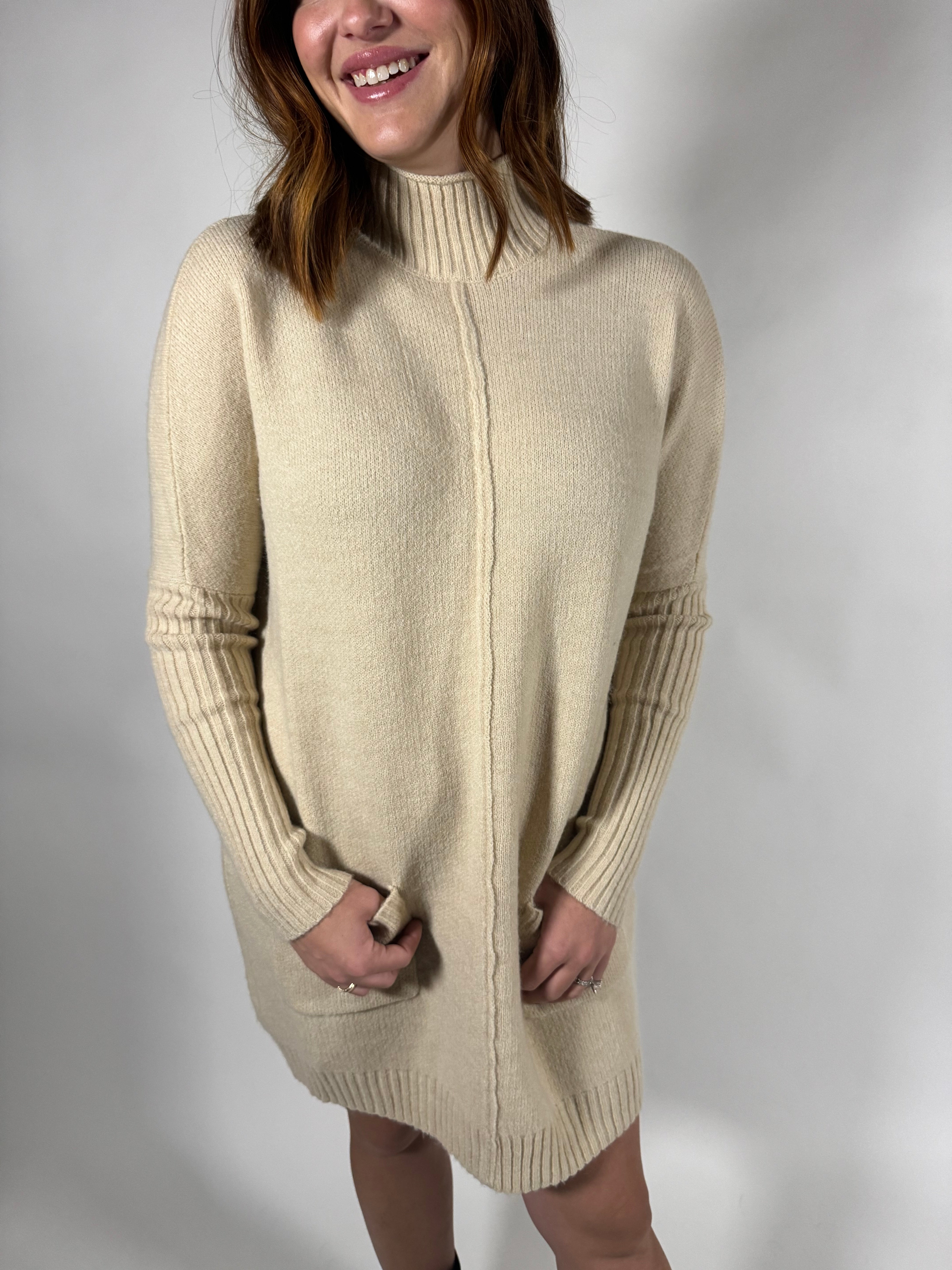 Mock Neck Front Seam Sweater Dress