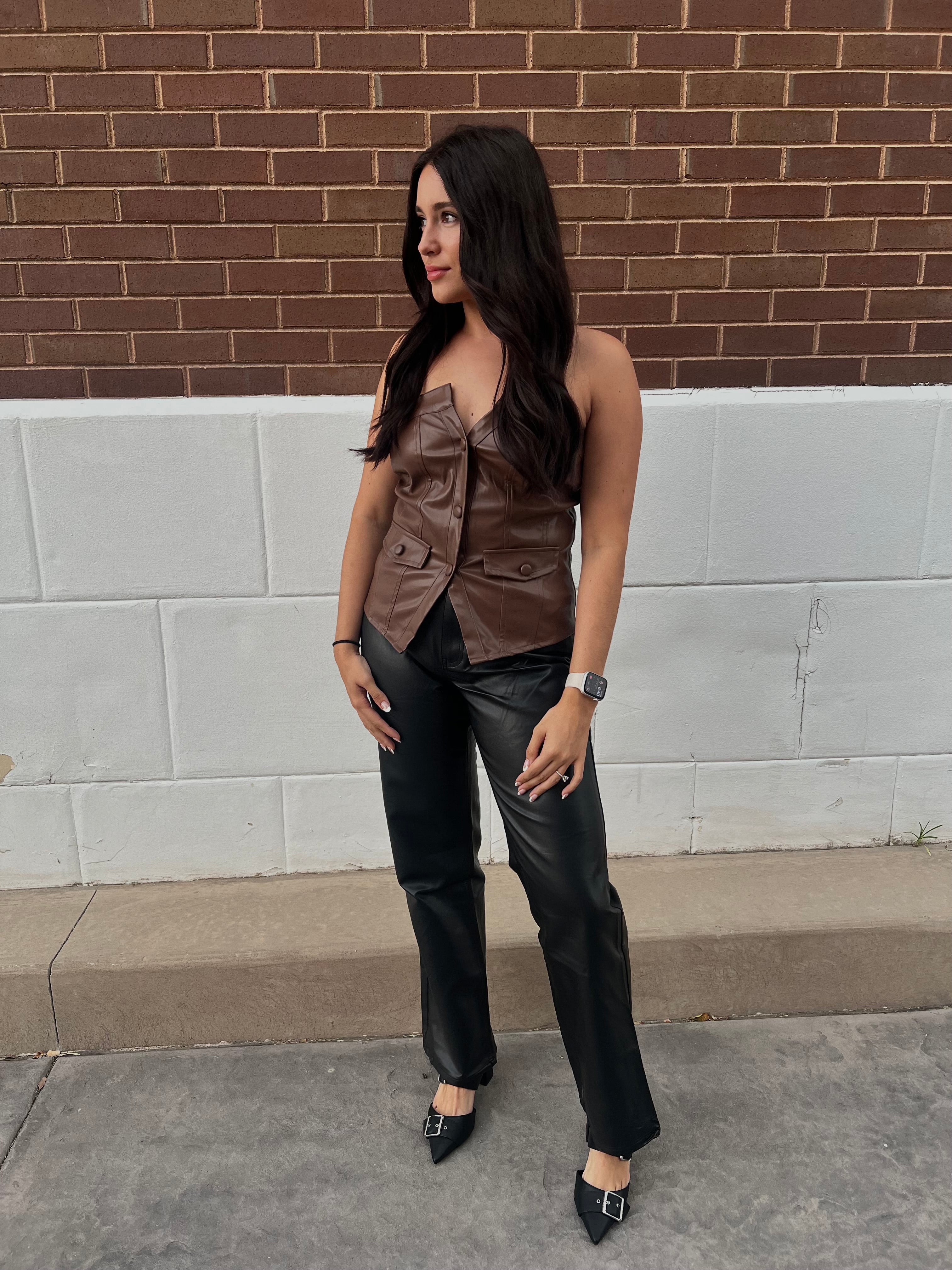 Leather Strapless Button Top