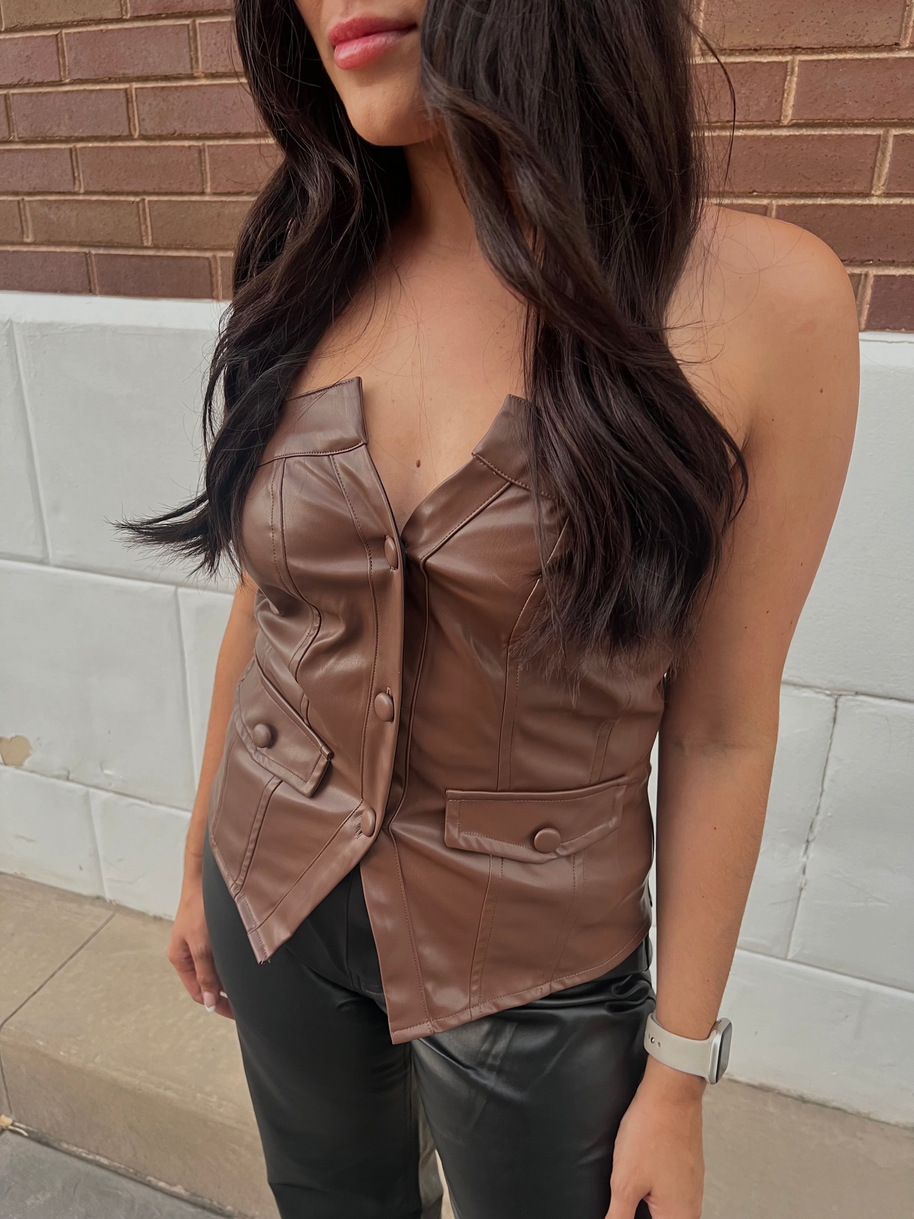 Leather Strapless Button Top