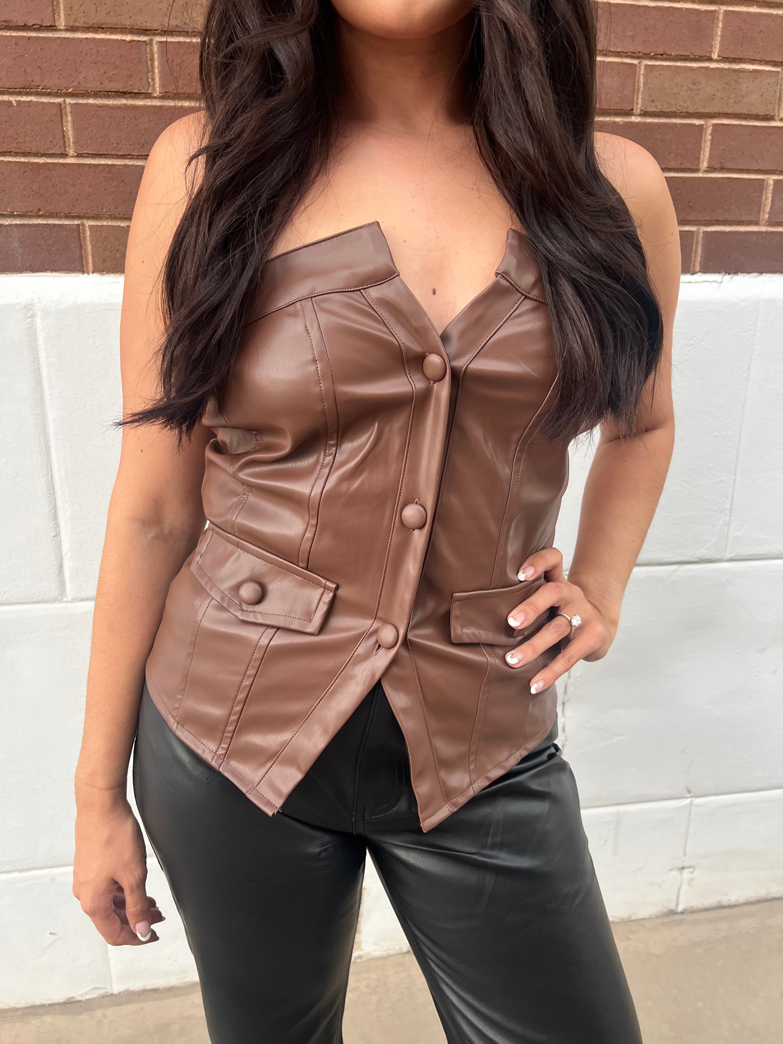 Leather Strapless Button Top