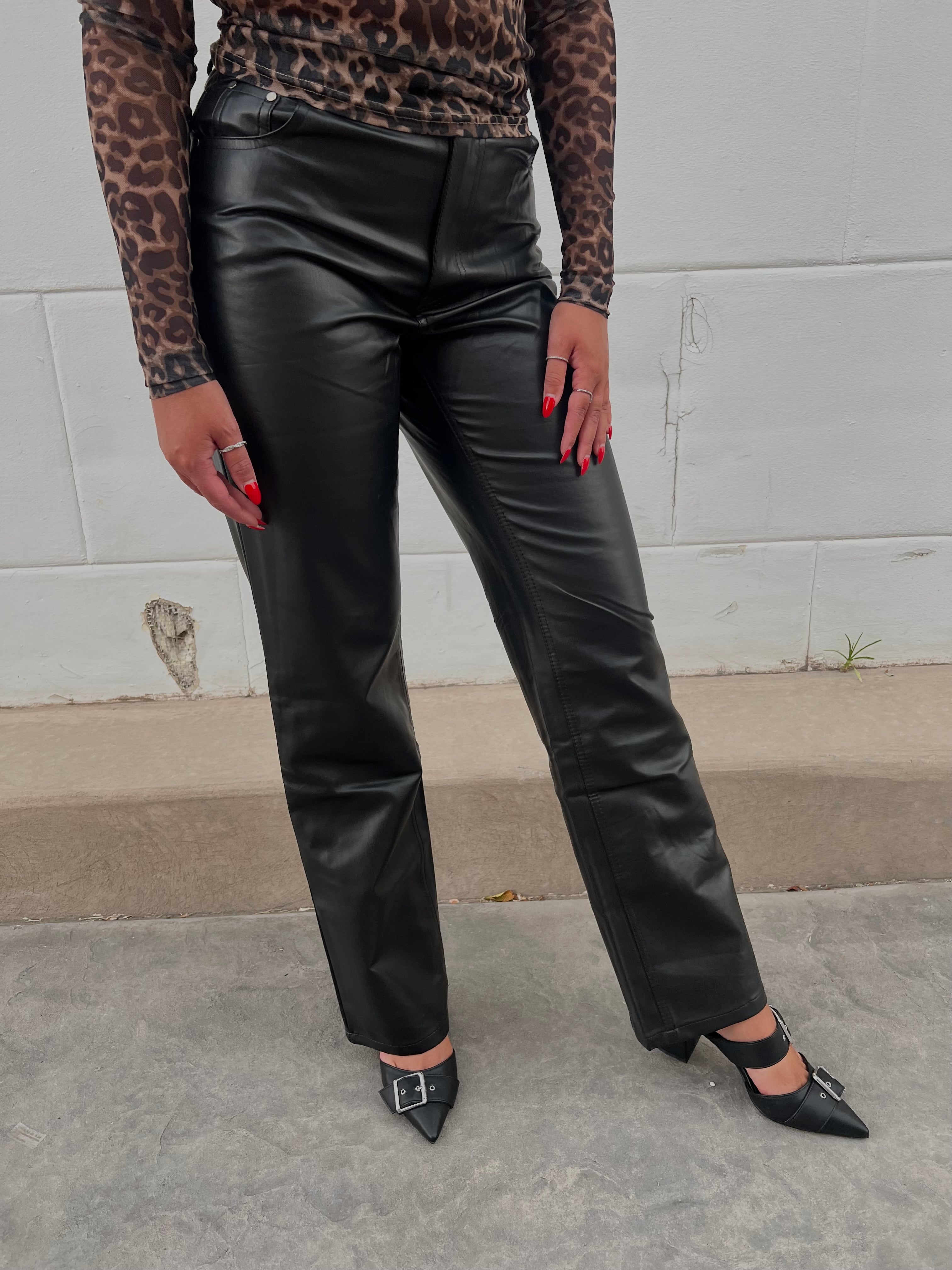 High Waisted Leather Straight Leg Pants