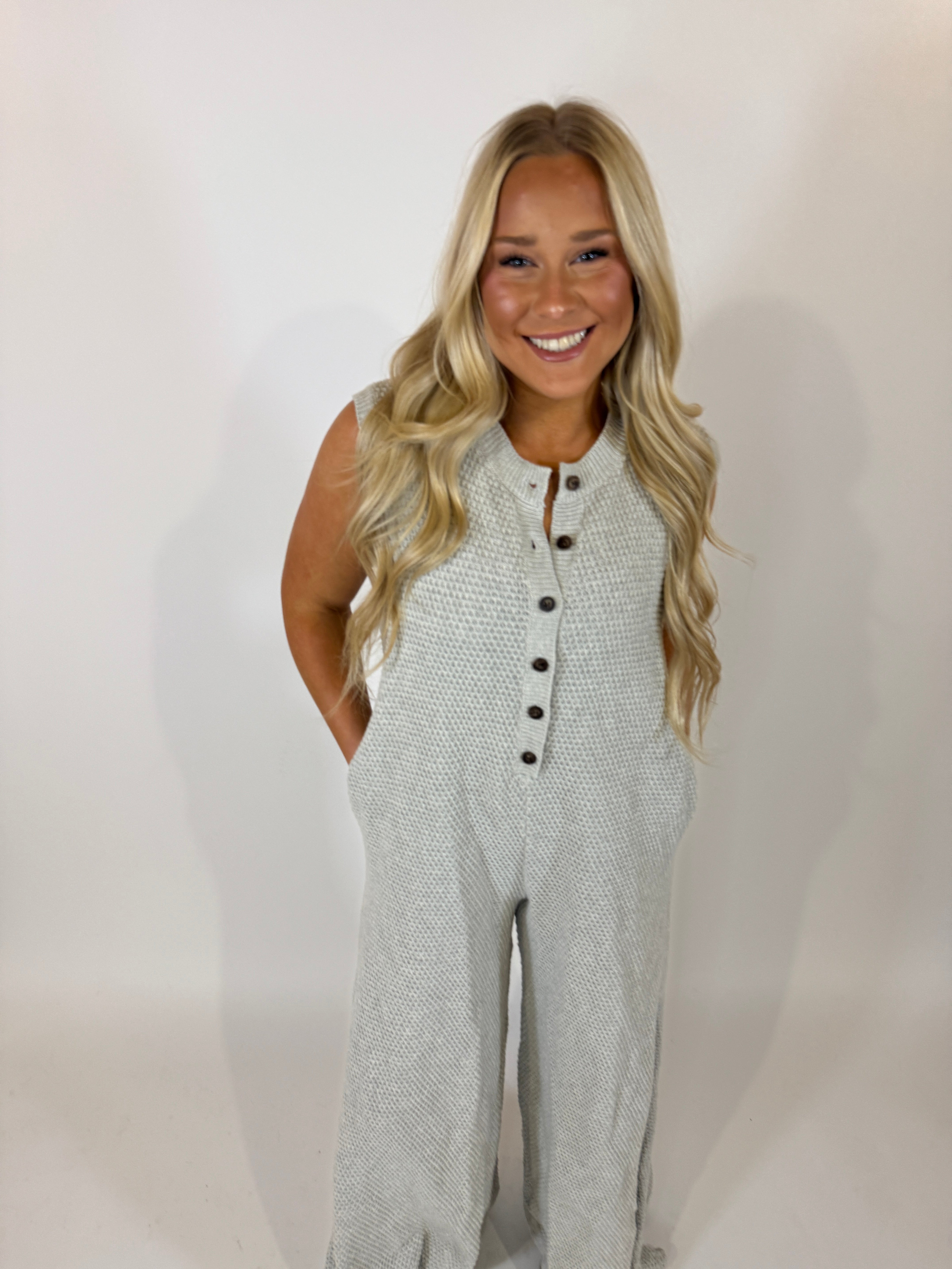 Wide Leg Button-up Loose Fit Solid Knit Jumpsuit