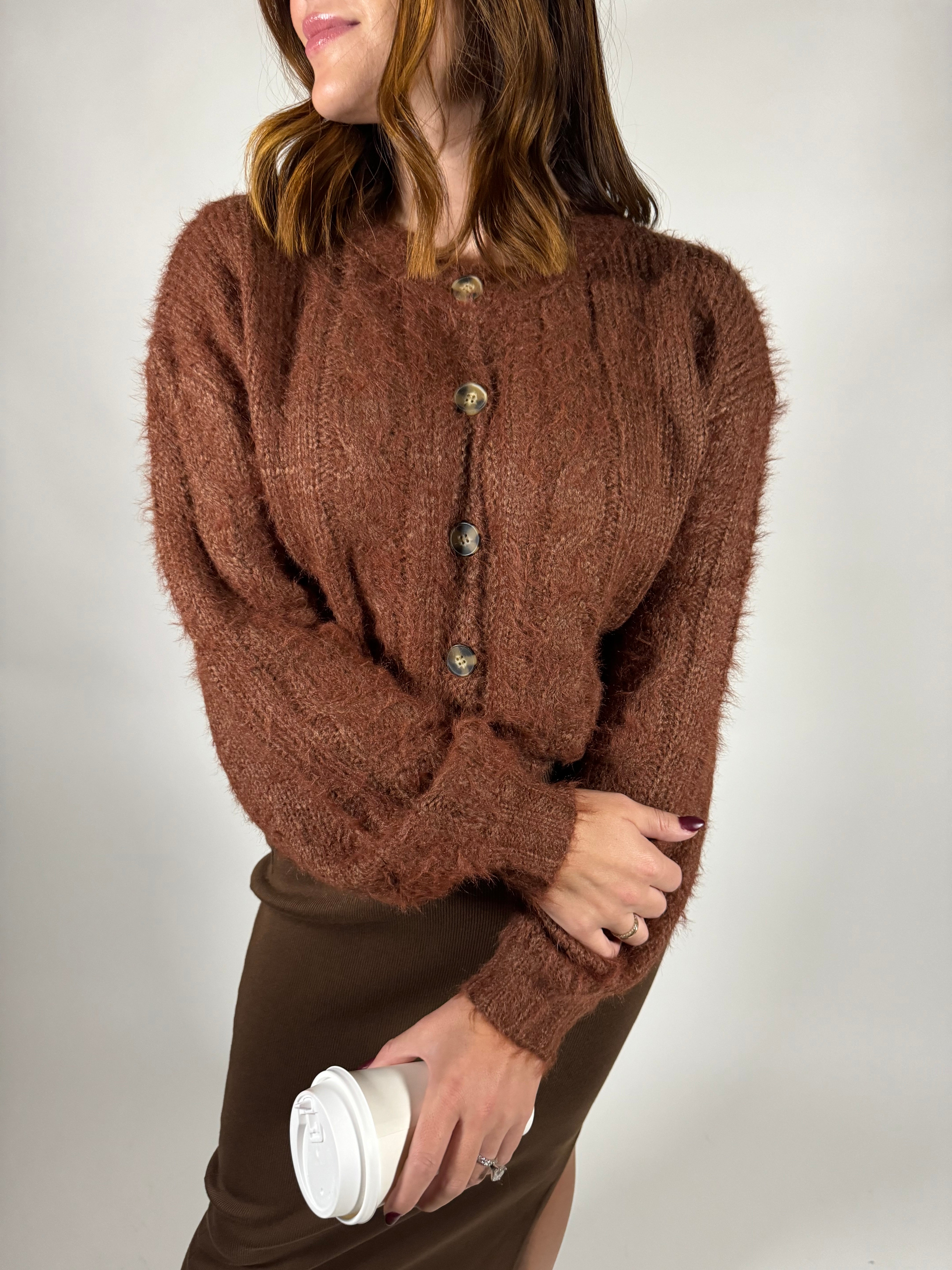 Fuzzy Chestnut Cardigan