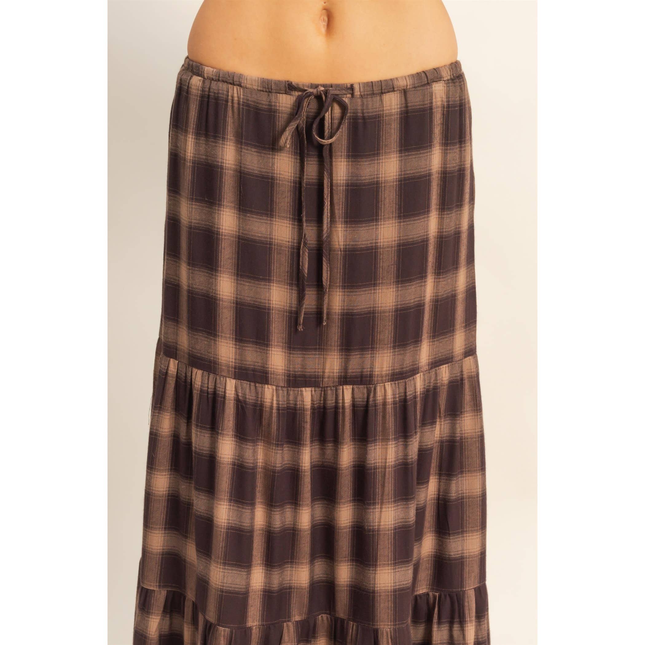 Checkered Tiered Maxi Skirt With Drawstring