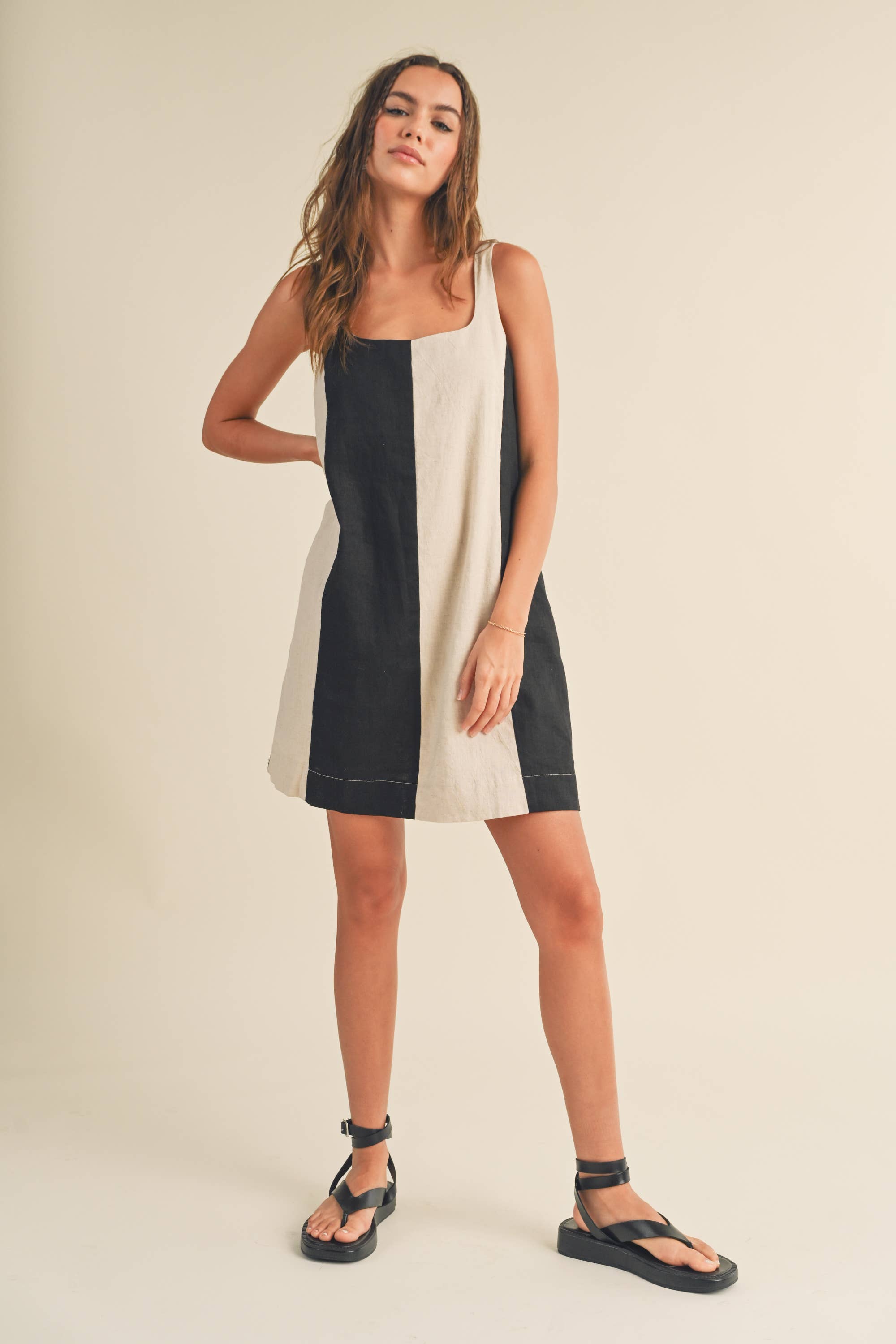 Color Block Linen Midi Dress