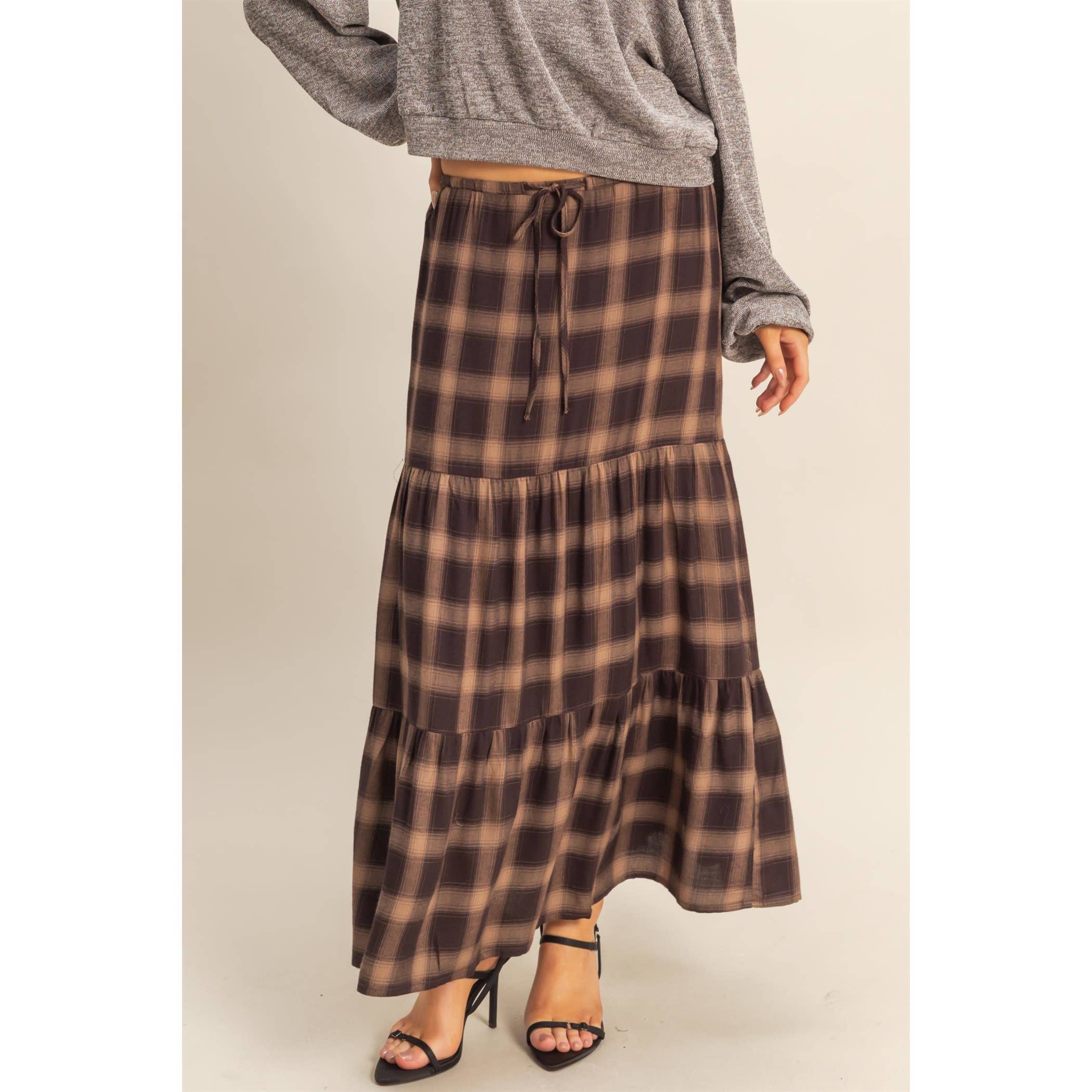 Checkered Tiered Maxi Skirt With Drawstring